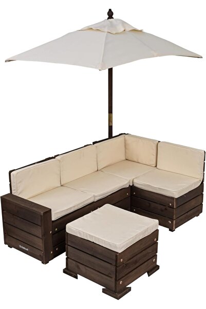 KIDKRAFT 20305 Outdoor Sectional Ottoman & Umbrella Set- Bear Brown & Beige