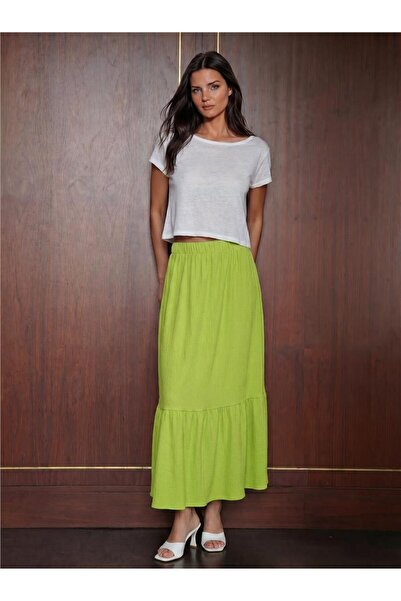 WeShaya E. Green Lycra Knitted Fabric Elastic Waist Straight Cut Long Skirt