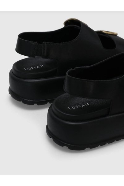 Lufian Black Genuine Leather Thick Sole Sandals