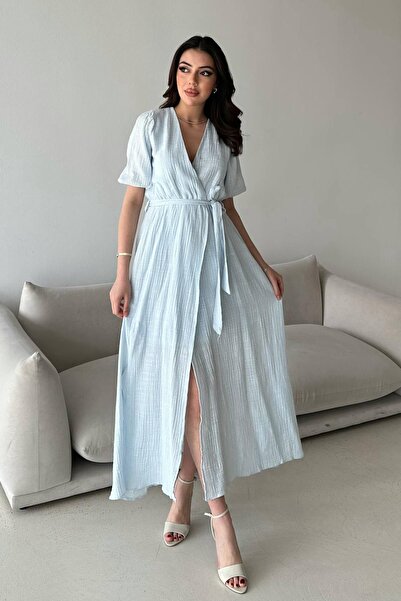 Caddebostan Moda Double-Breasted Collar Muslin Linen Dress with Tie Waist and...