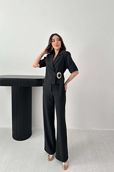 Caddebostan Moda Women's Single-Buckle Short-Sleeved Jacket and Wide-Leg Pant...