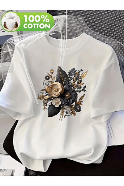 one button Custom design large gold rose printed premium oversize t-shirt