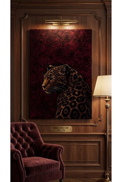 shop Altın Işıltılı Leopar Portresi - Koyu Kırmızı Gül Temalı Ofis ve Salon K...