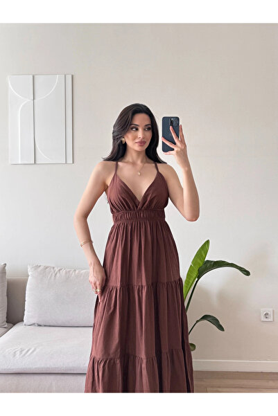 Zoom Butik Sırt Çapraz Askılı Elbise - KAHVE