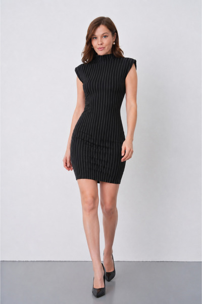 WOMAN VISION Women's Stylish Striped Mini Dress with Stand Collar and Padded ...