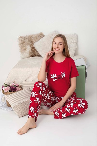 GUAVA+ Set de pijamale de vară, fără nasturi, cu decolteu rotund, din lycra, viscoză, elastică, cu mâneci scurte