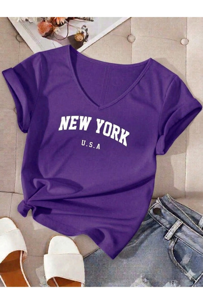 FAVORİST Γυναικείο μπλουζάκι με στάμπα New York USA με λαιμόκοψη V