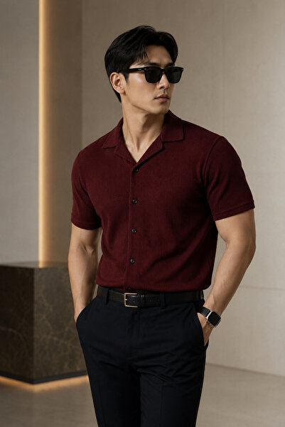 PULT Erkek Waffle Dokulu Kısa Kollu Gömlek Slim Fit Düğmeli Polo Yaka Oval Et...