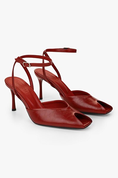 Shoeberry Women's Estelia Red Leather Heeled Shoes