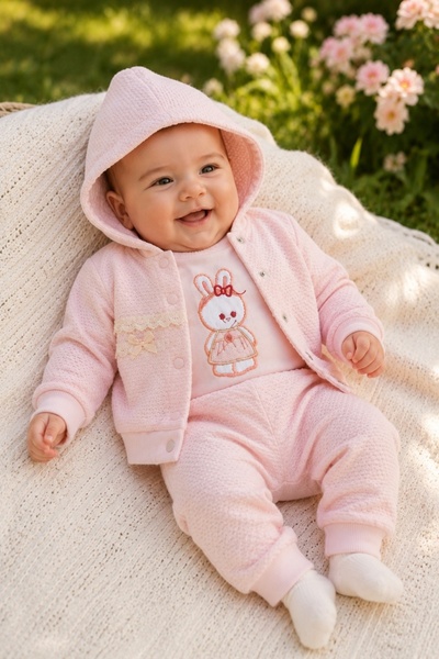 Pure Boutique Compleu bebe fetite 3 piese roz cu hanorac body iepuras si pant...