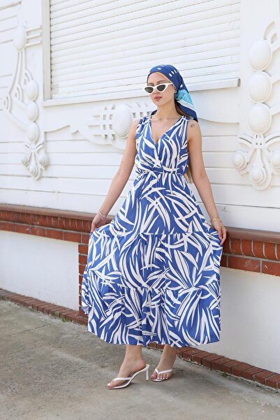 Siyezen Elastic Waist Cotton Flared Navy Blue Dress