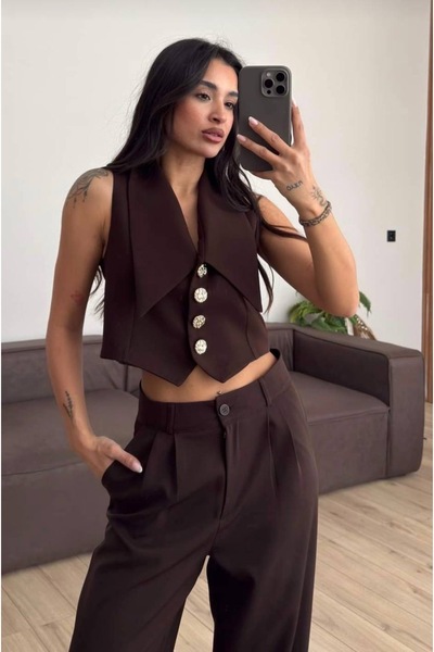 BEYUSİRA Kadın Şık Yelek Pantolon İkili Takım * Gold Düğmeli Crop Yelek Palaz...