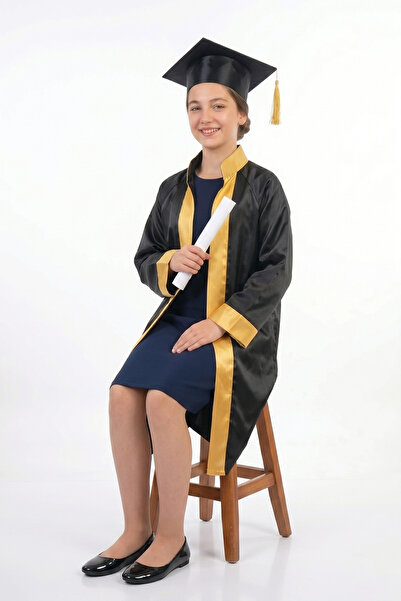 nacar çarşı Children's High School Black Graduation Gown and Cap Set with Gold Stripe