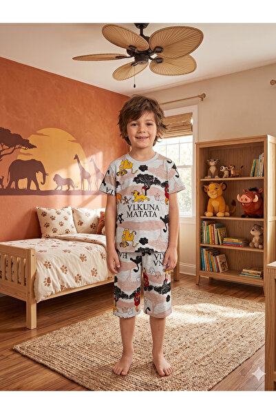 deve kids Dečaci Pamuk Letnja Tanka Tkanina Siva Boja Lav Safari Uzorak Kratk...