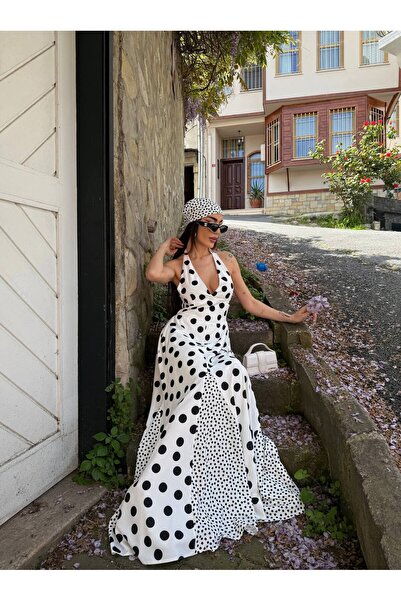 LOKADI Women's Black and White Polka Dot Halter Neck Backless Slit Long Dress