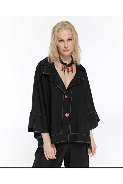 Minası Butik LAMANTE YARASA KOL KETEN OVERSİZE CEKET SİYAH