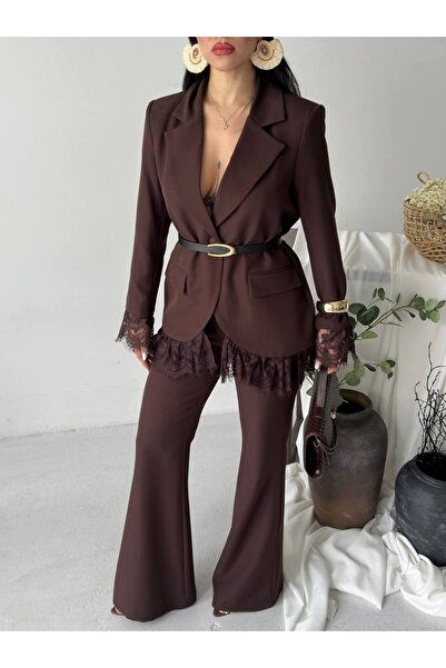 buqre's moda Belted Lace Detailed Spanish Long Sleeve Blazer Suit