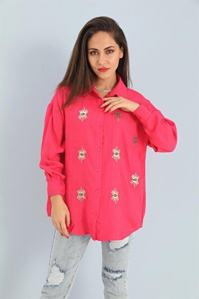 VELİZADE Women's Fuchsia Eye Embroidered 100% Linen Shirt Oversize Loose Cut ...