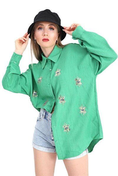 VELİZADE Women's Green Eye Embroidered 100% Linen Shirt Oversize Loose Cut Bo...