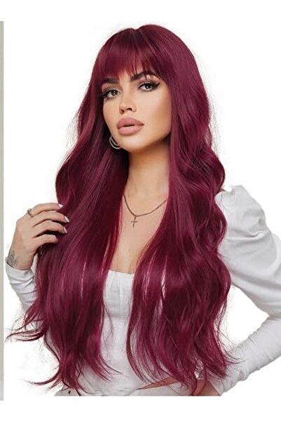 OUFEI Long, wavy, burgundy-red wig, synthetic hair, 70 cm