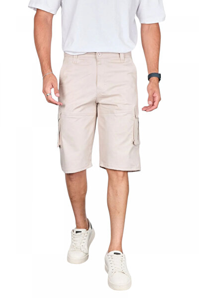 DeepSEA Men's Cream Lycra Gabardine Modern Fit Cargo Capri Shorts–Multi-Pocke...