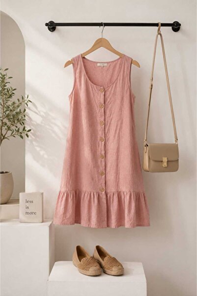 MODA relax fit keten görünümlü elbise,midi elbise,askılı elbise