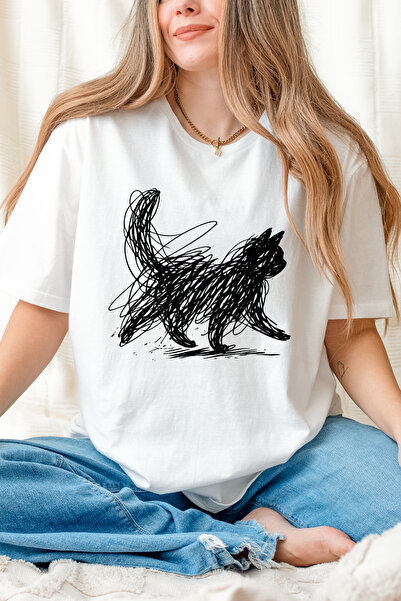 Auryne Jewelry Unisex Cat Line Abstract Art Printed T-Shirt 100% Organic Cott...