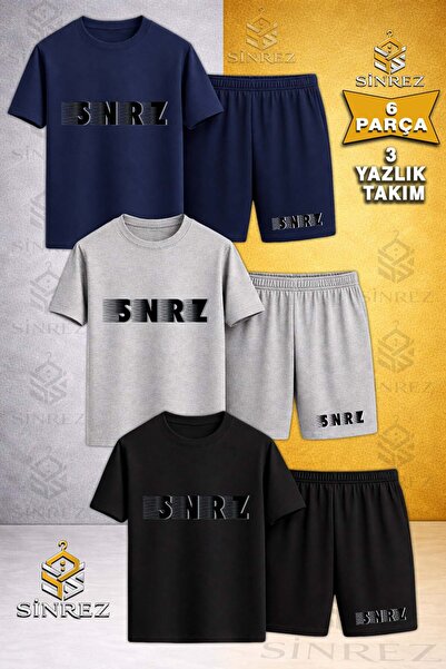 SİNREZ 3LÜ Çocuk Snrz Black Shadow Print Printed Crew Neck T-Shirt - Shorts Set