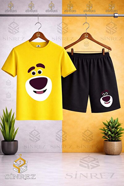SİNREZ Crew Neck T-Shirt with Smiling Bear Printed Design - Shorts Set