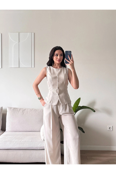 Zoom Butik Ön Düğmeli Yelek Pantolon Takım - BEJ