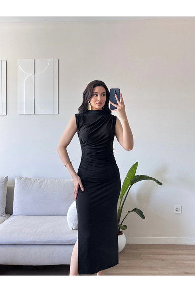 Zoom Butik Yan Yırtmaç Drapeli Elbise - SİYAH
