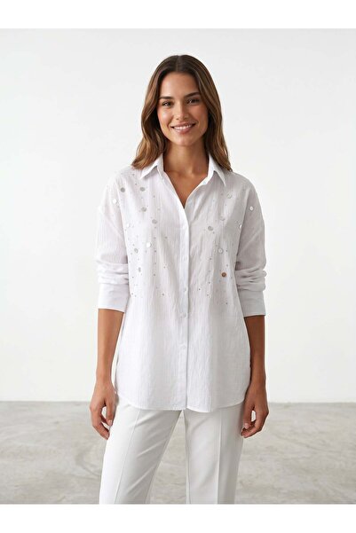vellum butik AYNALI KRİSTAL TAŞLI ÇİZGİLİ POPLİN GÖMLEK