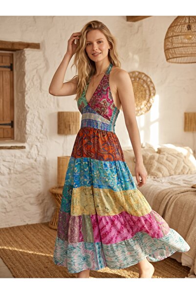 Enuverbi Kadın - İpek Bohem Patchwork Desenli Halter Yaka Uzun Elbise – Renkl...