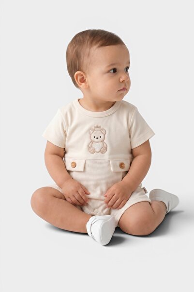 MUHINO Unisex Bebek Ayıcık Nakışlı Gofre Dokulu Kısa Kollu Tulum (0-9 Ay)