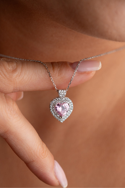 Silvano Jewelry 925 Ayar Gümüş Rodyum Kaplama Kalpli Pembe Taşlı Kolye