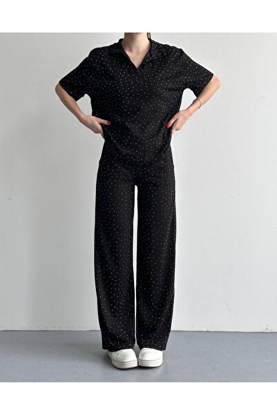 eBaa fashıon Stone-Faced Top and Bottom Polo Collar Set