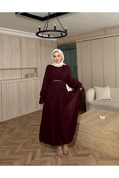 Sara Deluxe Draped Chiffon Evening Dress - Elegant Design with Stone Belt Detail