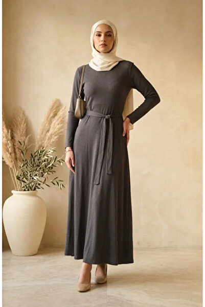 sefamerve Bürümcük Fabric Belted Dress 0509-06 Gray