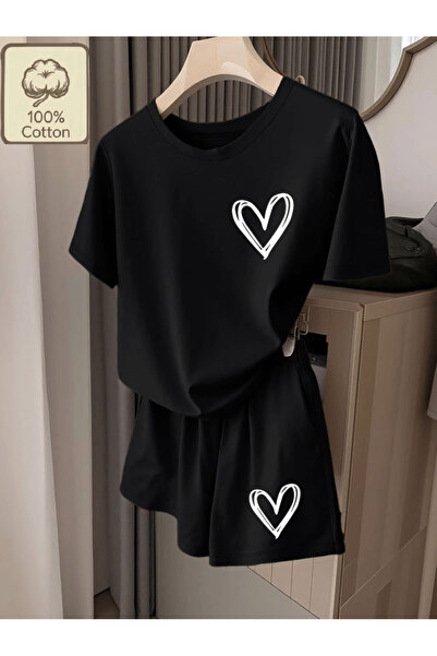 one button White heart print women's premium oversized top and bottom set - t...