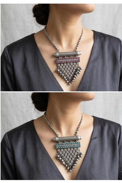 NirVee Oxidized Silver Statement Long Necklace Pink/Green