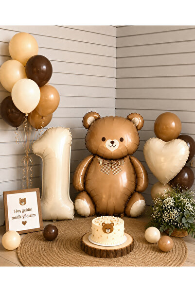 Öztürkpartievi Birthday Balloon Set with Teddy Bear – Beige Brown Concept Par...