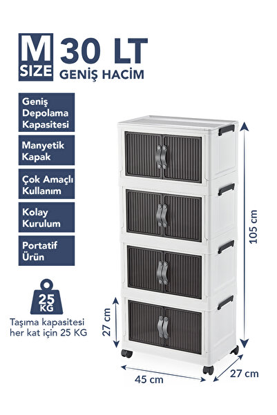 Lavine ”MEDIUM” 4 Katlı Portatif Dolap Organizer 30LT Çok Amaçlı Mıknatıs Kapaklı, Katlanır, Tekerlekli