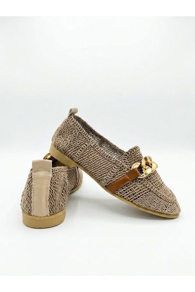 Godystep Lena Beige Gold Chain Detailed Straw Weave Slip-On Women's Loafer