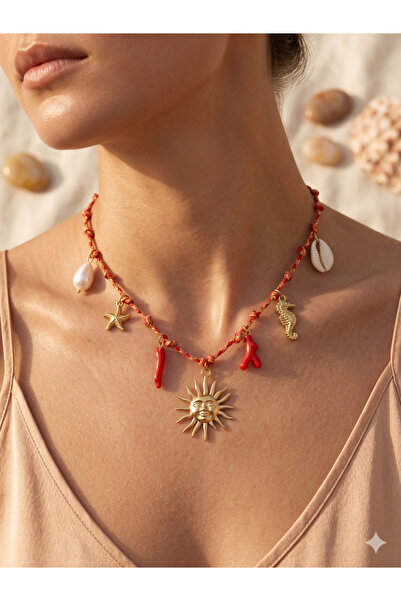 PABALAS Red Rope Sea Themed Bijouterie Charm Necklace Sun Seahorse Shell Cora...