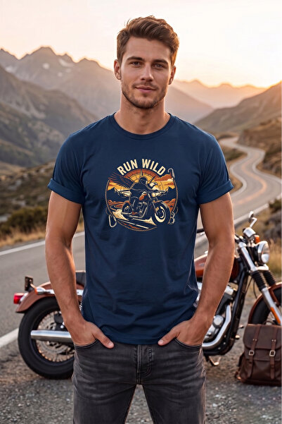 remonz Run Wild Motorcycle Printed Men's T-Shirt Vintage Retro Design Crew Neck