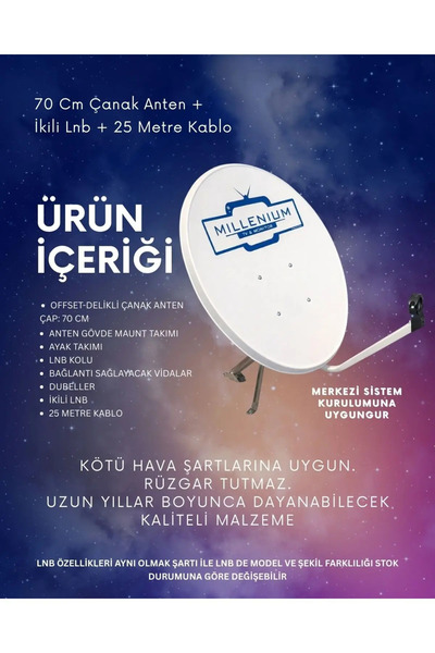 Millenium 70cm Çanak Anten İkili LNB 25 Metre Anten Kablosu