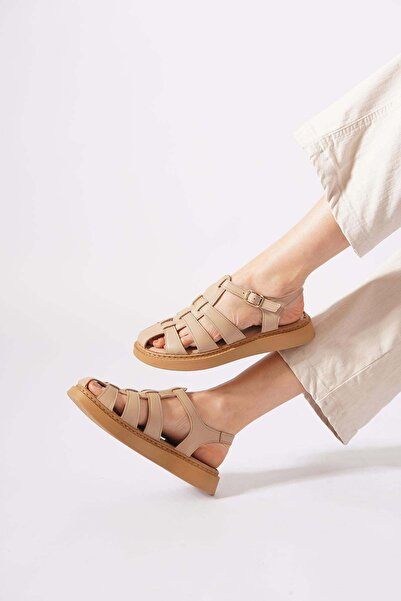 Moda Pie Γυναικεία σανδάλια Tolas Caged Buckle από γνήσιο δέρμα σε μπεζ χρώμα