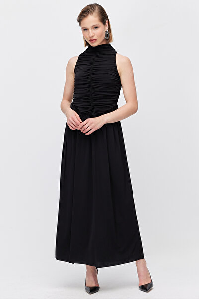 PAULMARK Women's Drawstring Detailed High Neck Maxi Evening Dress