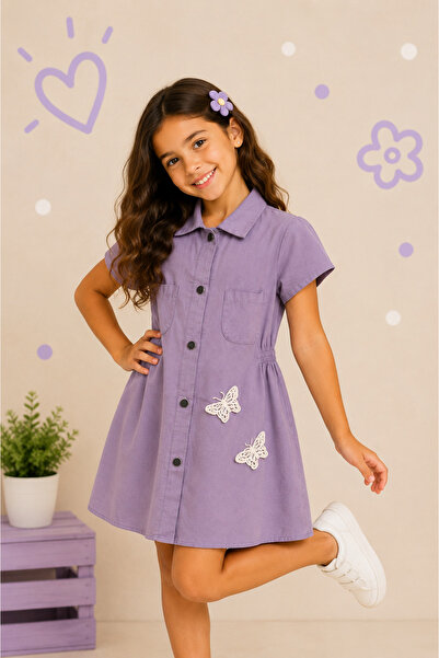 tinytrends Rochie casual din denim pentru fete, 100% bumbac, cu model fluture