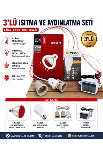 Anadolu kavuzculuk 3’lü Set Infrared Isıtıcı Lamba 250W + LED Ampul + Dijital...
